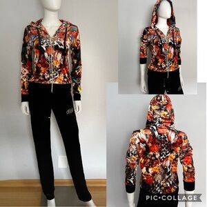 NWT WOMEN VELOUR TRACKSUIT SET JACKET/BLACK PANTS FLORAL PRINT LOUNGEWEAR HOODED
